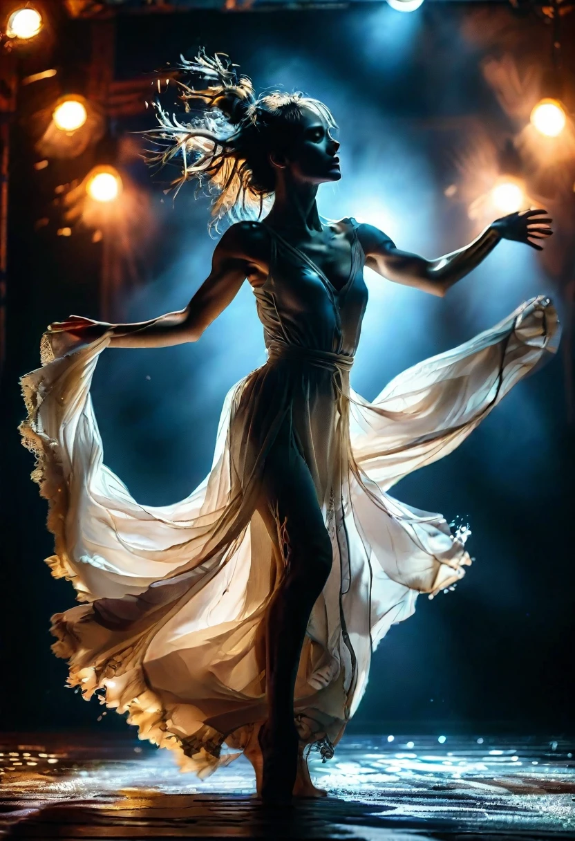 A passionate dancer gracefully performing on stage, her fluid movements depicting raw emotion, captured by the Sony A7 III's sharp lens, the studio lights creating dramatic shadows that enhance her expression, -ar 16:9 --chaos 15 --stylize 50 --v 6