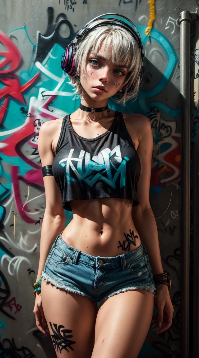 masterpiece, Highest quality, We can see that Tia has a very slim figure.. She has whitish-gray hair , She has short hair、Has large pale green eyes, Crop top, Denim shorts, choker, (graffiti:1.5), Paint splashes, Put your arms behind your back, Against the wall, View your viewers, Armband, body paint, Tilt your head, boredom,,