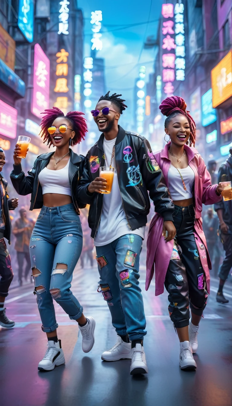 adult BLACK people dressed in urban clothes, In an urban landscape and holographic signs、HAPPY DANCING on the road. are drinking and laughing, The background is modern and cyberpunk, high tech vibe. Lovely Digital Painting, 3D rendering, Bright lighting, swirly vibrant colors. adult people, BEAUTIFUL black people