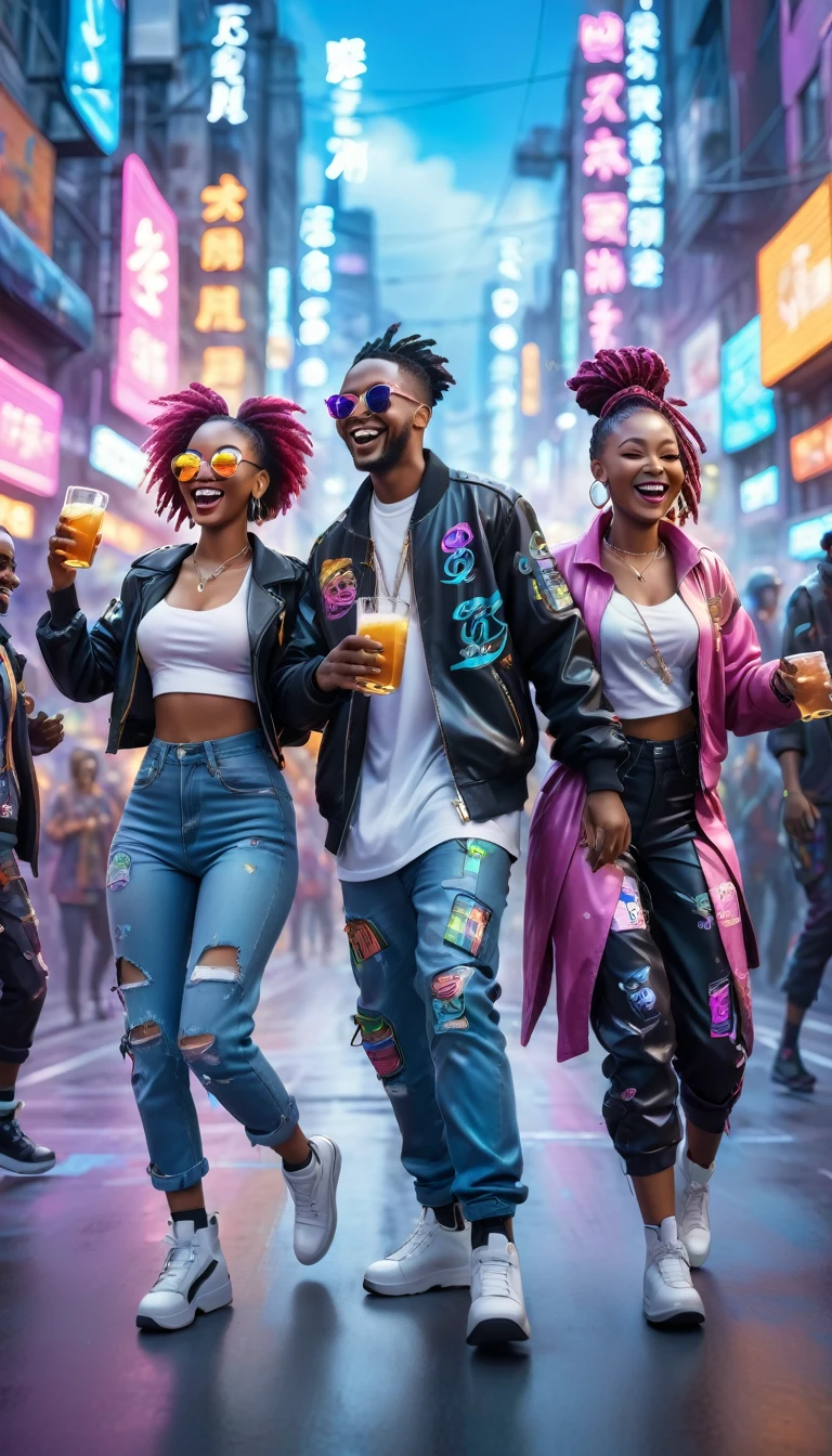 adult BLACK people dressed in urban clothes, In an urban landscape and holographic signs、HAPPY DANCING on the road. are drinking and laughing, The background is modern and cyberpunk, high tech vibe. Lovely Digital Painting, 3D rendering, Bright lighting, swirly vibrant colors. adult people, BEAUTIFUL black people
