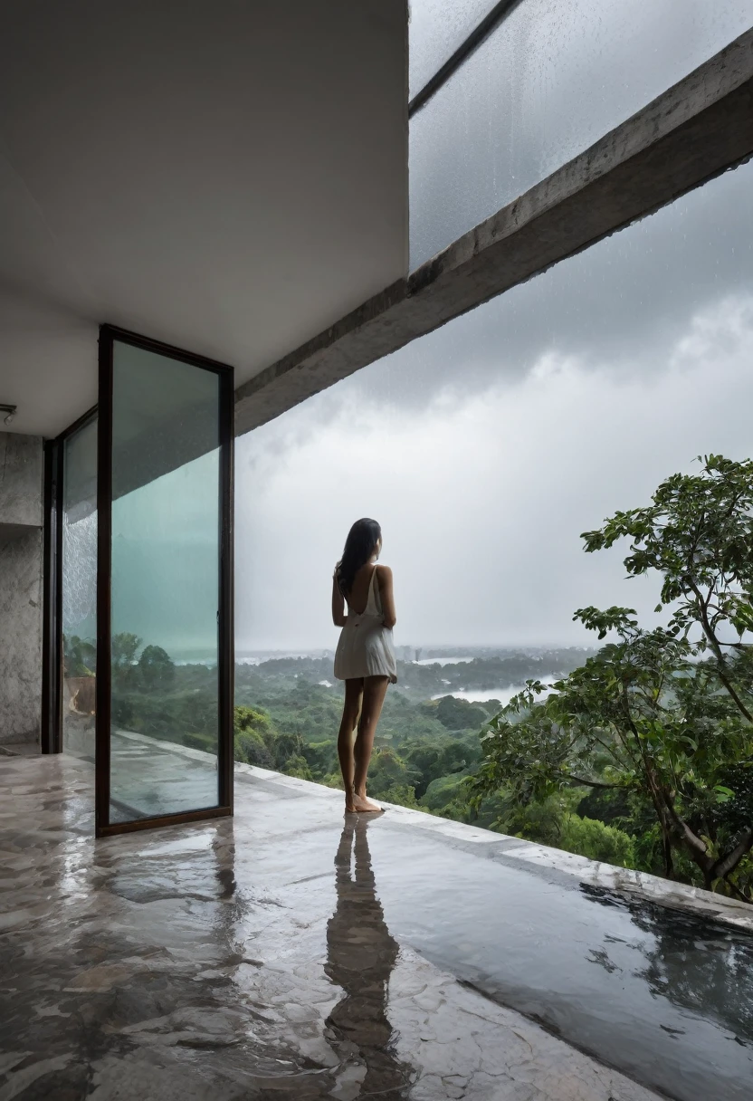 RAW photograph taken with the Nikon D7500 + AF-S DX NIKKOR camera, 18mm lens, ultra-wide, overhead angle, 8K, top quality, HDR, extremely high realism, extreme realism, lamp temperature 9,000K, at 7 am, on a very cold morning with (((strong and heavy rain))) and a (((completely gray sky))). In the heart of a vibrant city, Casa Vértice stood majestically. A symbol of brutalist architecture, with its four imposing floors. The facade, a statement of power and simplicity, contrasted with the softness of the surrounding balconies, supported by Ionic columns, like guardians that protected the residence. On rainy afternoons, when the clouds gathered to weave a gray blanket over the city, Casa Vértice transformed into a peaceful and serene refuge. Hanging plants on balconies danced to the rhythm of the rain, while slit-shaped windows let filtered light create hypnotic patterns throughout the interiors. In the center of the vast garden, a narrow lake reflected the gloom of the sky. A sculpture of a woman, carved from white marble, emerged from the calm waters. Her graceful, contemplative pose seemed to capture the essence of the rainy afternoon, evoking a sense of serenity and introspection. Inside Casa Vértice, spaces flowed harmoniously, connecting like parts of an architectural symphony. Residents could admire the beauty of the lake and the sculpture even on rainy days, thanks to the large windows that embraced each room. Thus, Casa Vértice became more than a simple residence. It was a testament to the human ability to create beauty even in the midst of a storm, a celebration of the union between brutalism and delicacy, between the strength of architecture and the serenity of nature.