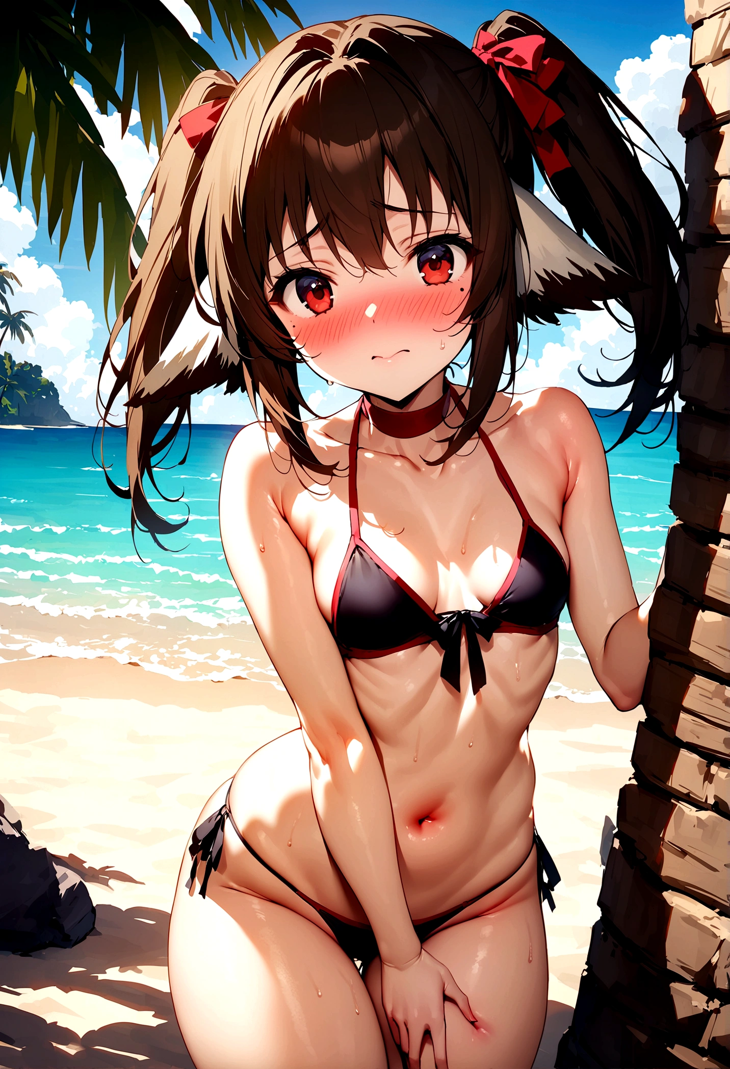 NSFW,masterpiece,Highest quality,High resolution,Super detailed,Nekone \(Utawarerumono\),Brown Hair、（Red Eye：1.3）、ribbon,Twin tails、ヘアribbon、Mole、目の下のMole,Small breasts,High quality sexy bikini,Japanese style,beach,Palm tree,Rock Shade,Embarrassed,blush,(Seduce),(Strong-faced men),A man rubs my buttocks