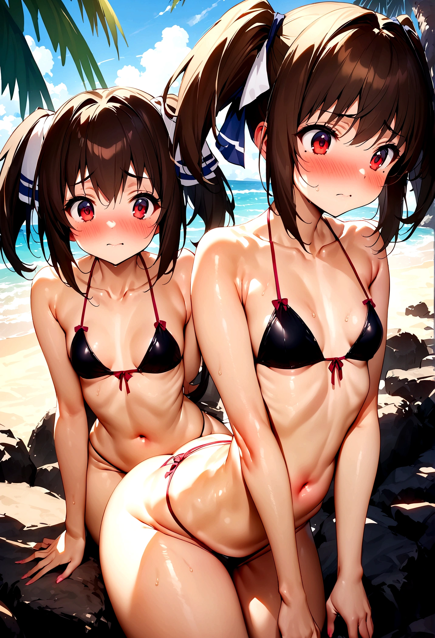 NSFW,masterpiece,Highest quality,High resolution,Super detailed,Nekone \(Utawarerumono\),Brown Hair、(Red Eye:1.3)、ribbon,Twin tails、ヘアribbon、Mole、目の下のMole,Small breasts,High quality sexy bikini,Japanese style,beach,Palm tree,Rock Shade,Embarrassed,blush,(Seduce),(Strong-faced men),A man rubs my buttocks