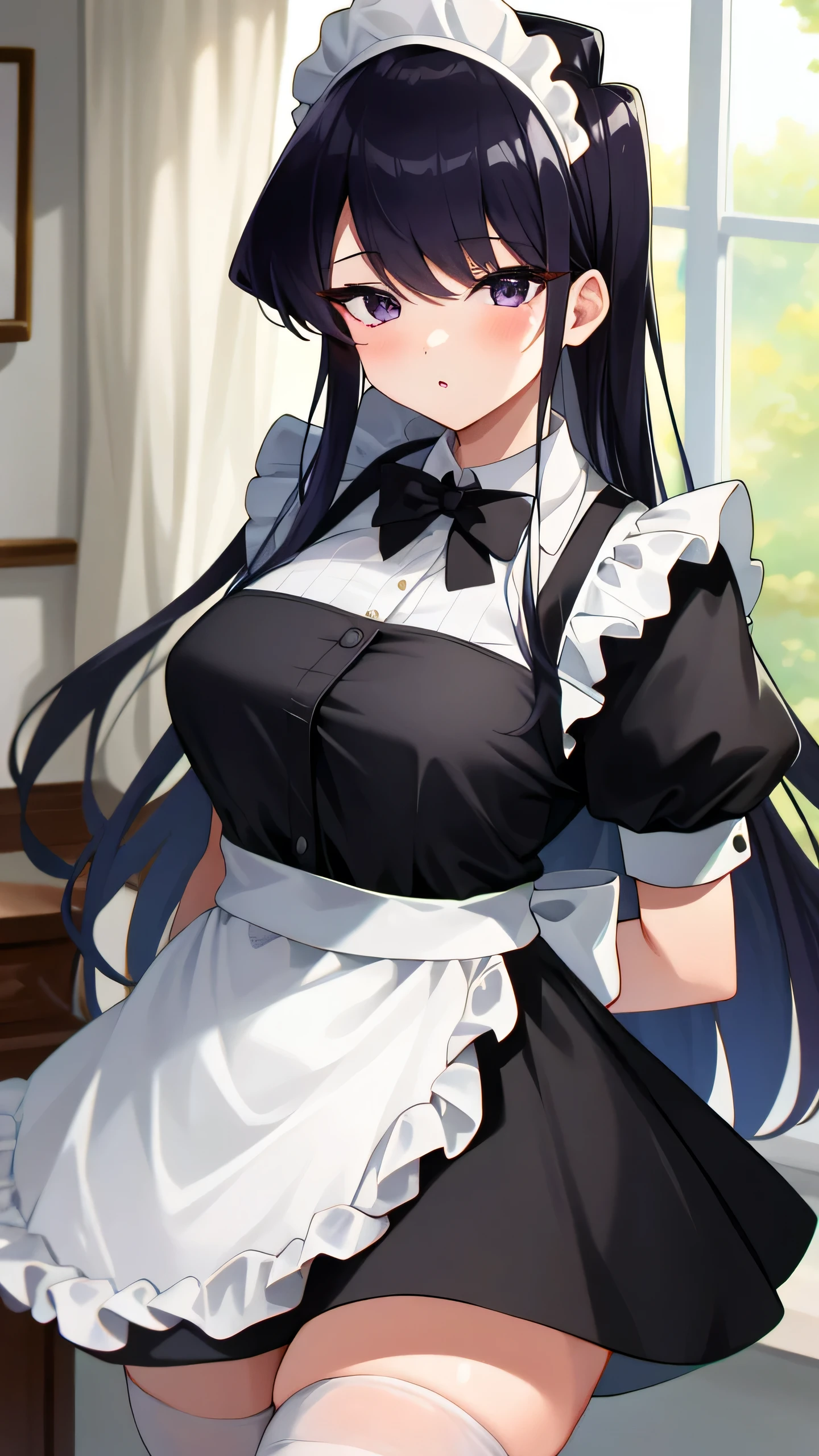 (highres), (absurdres), (best quality), (high quality), (masterpiece), 1girl, komi_shouko, purple eyes, long hair, hair over one eye, very long hair, light purple hair, (large breasts), hair ribbon, maid, maid headdress, apron, frills, frilled apron, puffy sleeves, short sleeves, white gloves, white thighhighs, arms behind back, looking at viewer,