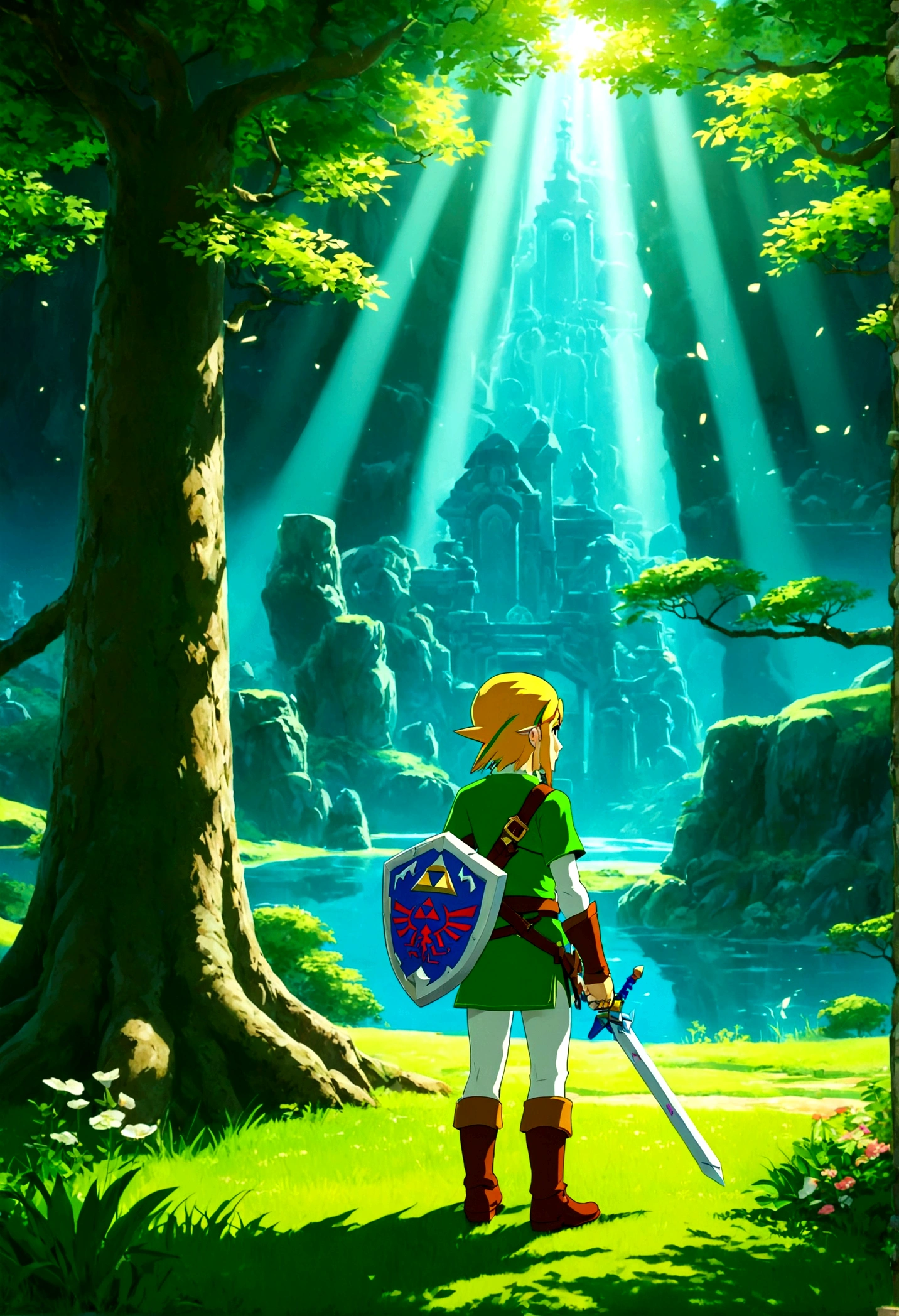 The Legend of Zelda, game style, by Chiho Aoshima, full body, cinematic still, cinemascope, best quality, masterpiece, very aesthetic, perfect composition, intricate details, ultra-detailed, vivid colors