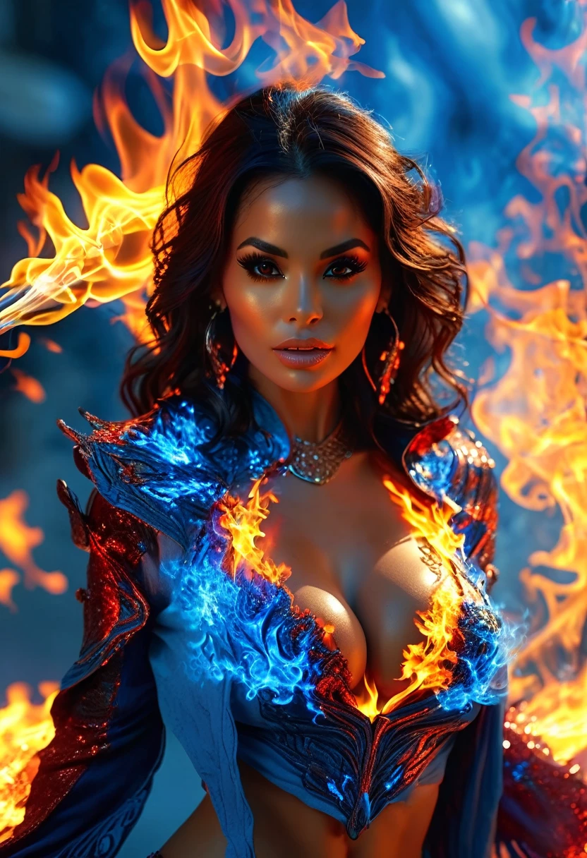 a beautiful adult latina woman daisy marie, 34dd breasts, cleavage, sideboob, perfect flawless anatomy, fire elemental, her body completely composed of red and blue fire, flames dance around her body, threatening to burn anybody that gets too close, 8k, photorealistic, ultra-detailed, hyper realistic, masterpiece, studio lighting, physically-based rendering, extreme detail description, vivid colors, cinematic lighting