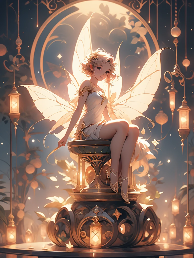 there is a fairy sitting on a crescent with a lantern, digital art by Alison Kinnaird, trending on deviantart, fantasy art, the moonlit dance of the fae, a beautiful pole dancing fairie, fairy cgsociety, beautiful fairie, faerie, beautiful faery sorceress, fantasy gorgeous lighting, beautiful fantasy art, very beautiful fantasy art