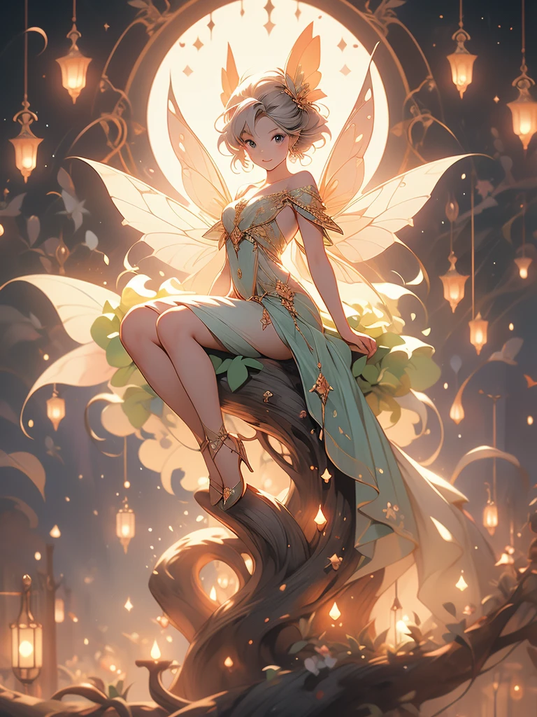 there is a fairy sitting on a crescent with a lantern, digital art by Alison Kinnaird, trending on deviantart, fantasy art, the moonlit dance of the fae, a beautiful pole dancing fairie, fairy cgsociety, beautiful fairie, faerie, beautiful faery sorceress, fantasy gorgeous lighting, beautiful fantasy art, very beautiful fantasy art