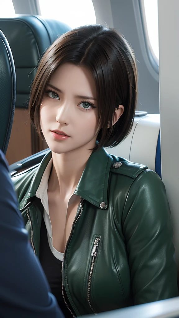 Android 18,Close-up of a woman getting dressed on an airplane, Charming Jill Valentine, Realistic anime 3D style, better known as Amaranth, cute Pilot Girl, Pilot Girl, Perfect android girl, Beautiful and attractive anime woman, Enchanting anime girl, green, Amaranth, surreal anime, Pilot clothing, heroine 👀 :8