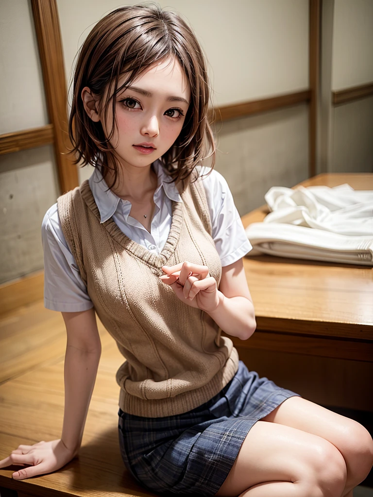 Masterpiece, Top Quality, Top Mikoto, brown eyes, short hair, small breasts, looking at viewer, alone, closed mouth, collared shirt, beige knit vest, dark blue  Skirt, school_uniform, shirt, white_shirt, classroom,Masterpiece, highest quality, 8K, detailed skin texture, fine cloth texture, beautiful detailed face, intricate details, super detailed,cute,cute posing,composition that shows the whole body,