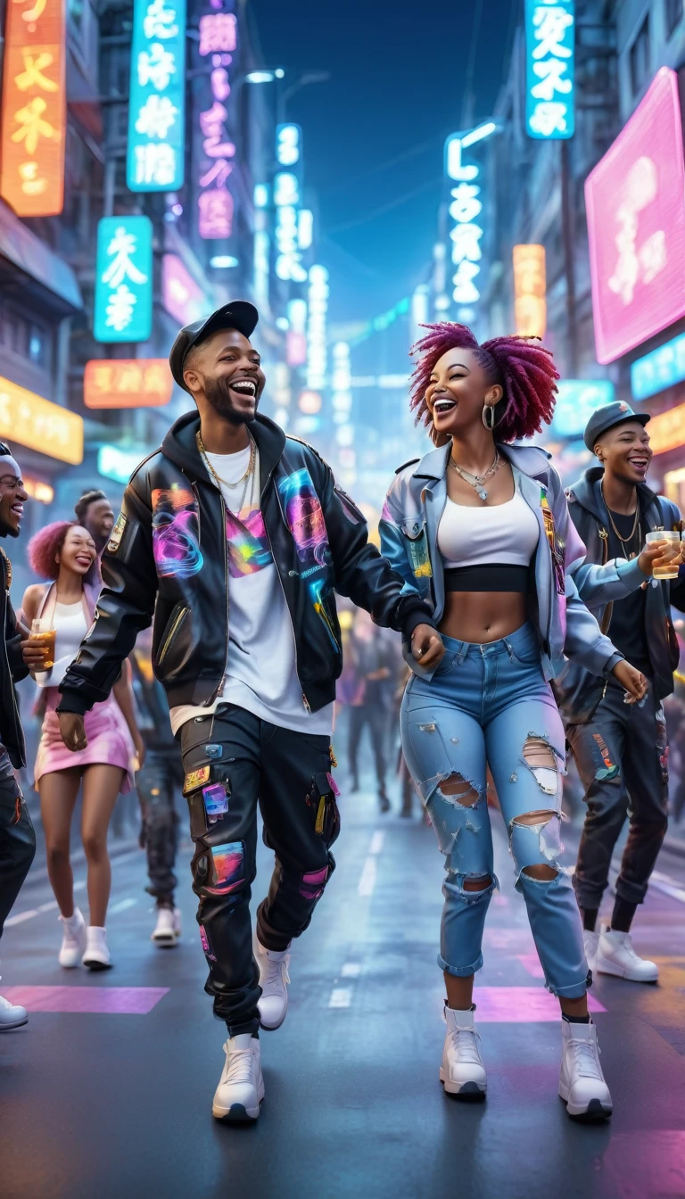 adult BLACK people dressed in urban clothes, In an urban landscape and holographic signs、HAPPY DANCING on the road. are drinking and laughing, The background is modern and cyberpunk, high tech vibe. Lovely Digital Painting, 3D rendering, Bright lighting, swirly vibrant colors. adult people, BEAUTIFUL black people
