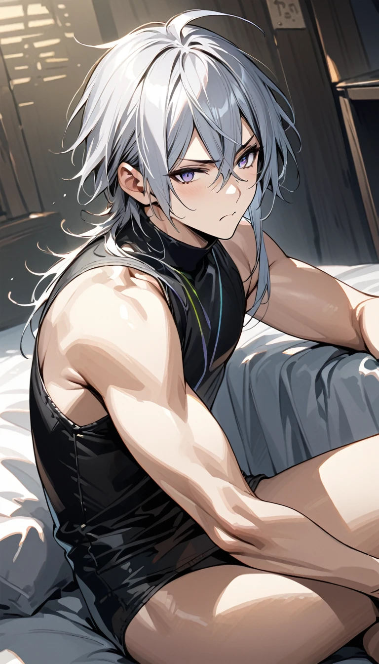 absurdres, highres, ultra detailed, super fine illustration, best quality, 1boy, perfect anatomy, male focus, solo, (dark-skinned:0.8) male, silver hair, long hair, black bikini, bare shoulders, bare arms, bare legs, &lt;lora:_L2090:-0.6&gt; &lt;lora:flat:-0.2&gt;