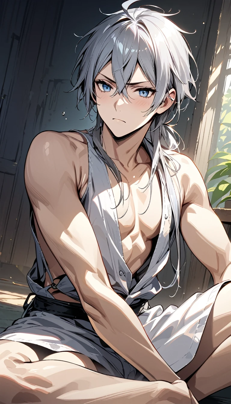 absurdres, highres, ultra detailed, super fine illustration, best quality, 1boy, perfect anatomy, male focus, solo, (dark-skinned:0.8) male, silver hair, long hair, black bikini, bare shoulders, bare arms, bare legs, <lora:_L2090:-0.6> <lora:flat:-0.2>