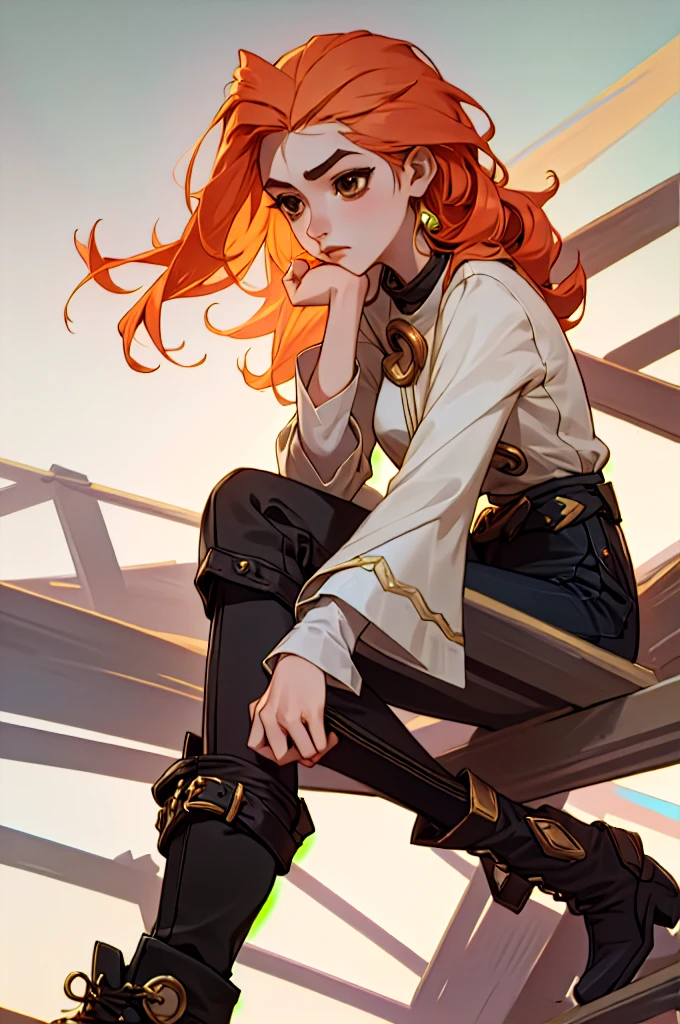 best quality, masterpiece,  Arcane 101,1girl, Estilo Arcane (league of Legends), a woman wearing black pants and gold details with high boots, a white shirt with long, wide sleeves and slightly wavy light pastel orange hair with brown eyes. sonríendo levemente.