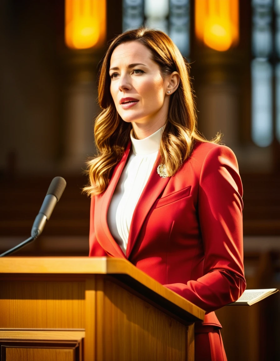 ((woman)), (30 year old), (long hair), (wearing reddish suit), (speech at a lectern), (bible on the pulpit), (modern protestant church background), (golden hour light), (photo realism), (hyper detailed), diffuse lighting, (((front view))), (long shot in Nikon D850 DSLR), ((200mm f/1. 8 lens)), (Slightly blurred background with bokeh effect)