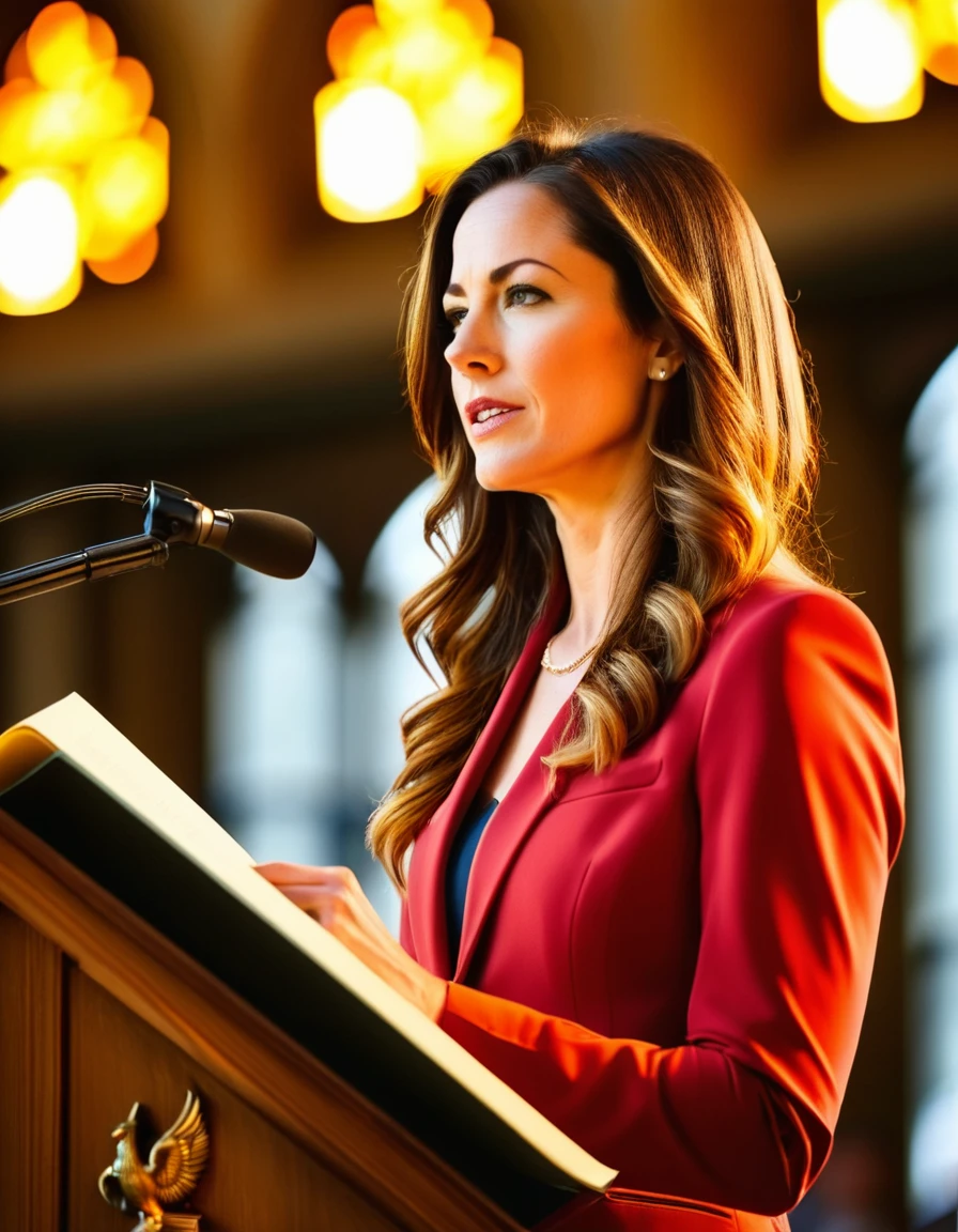 ((woman)), (30 year old), (long hair), (wearing reddish suit), (speech at a lectern), (bible on the pulpit), (modern protestant church background), (golden hour light), (photo realism), (hyper detailed), diffuse lighting, (((front view))), (long shot in Nikon D850 DSLR), ((200mm f/1. 8 lens)), (Slightly blurred background with bokeh effect)