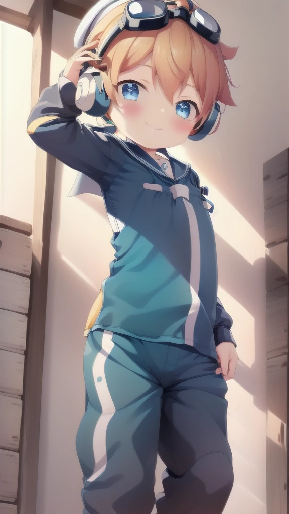 2D Boy Shota，One-piece racing suit，Slim，Put the headphones on your head，Standing，goggles，happy，Sailor collar，Lovely