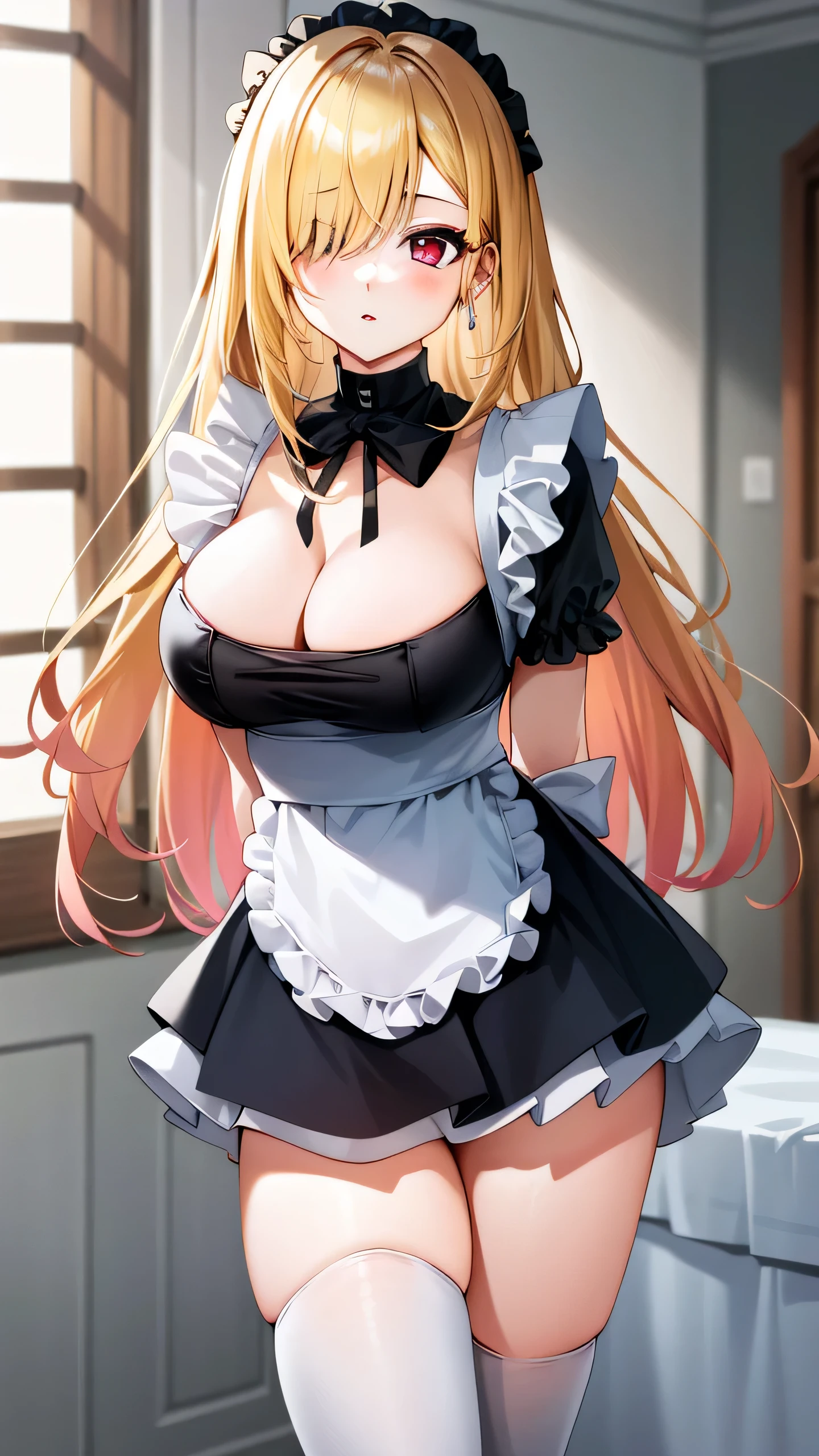 (highres), (absurdres), (best quality), (high quality), (masterpiece), 1girl, kitagawa marin, red eyes, long hair, hair over one eye, very long hair, blonde hair, multicolored hair, jewelry, earrings, (large breasts1:2), hair ribbon, maid, maid headdress, apron, frills, frilled apron, puffy sleeves, short sleeves, white gloves, white thighhighs, arms behind back, looking at viewer,