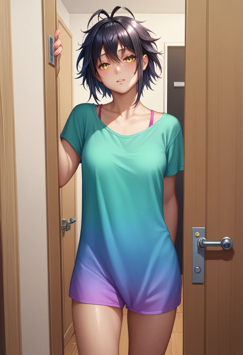 (masterpiece:1.2, 最high quality:1.1, High resolution,Absurd, high quality),(Realistic:1.1),reflected light, colorful,Super detailed, Ultra HD, Very detailed,
Yotsuya Miko, Open door, Nightwear, Messy Hair, Black Hair, Yellow Eyes,( Open door):1.4, Home, (sleepy), corridor, Antenna Hair, Cowboy Shot, One girl, Focus Only,