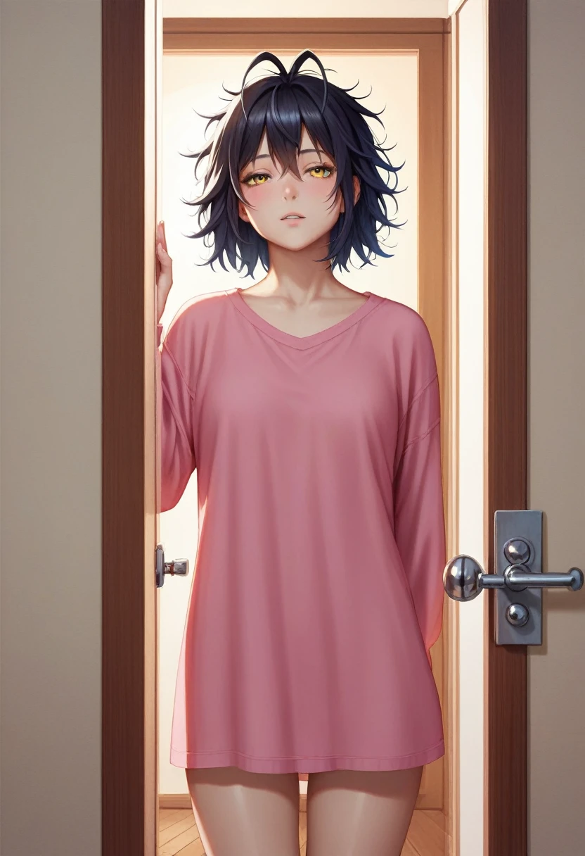 (masterpiece:1.2, 最high quality:1.1, High resolution,Absurd, high quality),(Realistic:1.1),reflected light, colorful,Super detailed, Ultra HD, Very detailed,
Yotsuya Miko, Open door, Nightwear,  Messy Hair, Black Hair, Yellow Eyes,( Open door):1.4, Home,  (sleepy), corridor, Antenna Hair, Cowboy Shot, One girl, Focus Only, 
 
