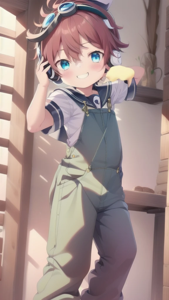 2D Boy Shota，Overalls，Slim，Put the headphones on your head，Standing，goggles，happy，Sailor collar，Lovely