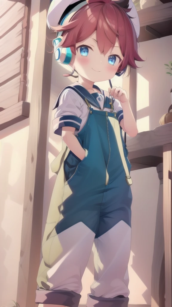 2D Boy Shota，Overalls，Slim，Put the headphones on your head，Standing，goggles，happy，Sailor collar，Lovely