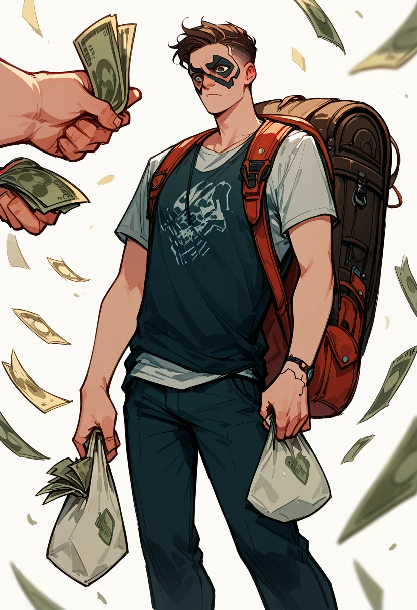A man wearing a Guy Fawkes hacker mask with a suspicious look, carrying a large backpack on his back, and prominently holding a bag of money in his hand. The character is looking straight ahead. A digital thief. 1man, Guy Fawkes hacker mask, suspicious look, large backpack, bag of money, digital thief, cartoon style, comic book, vibrant colors, cel shading, dynamic pose, detailed illustration, dramatic lighting, cyberpunk theme, sketch, inked lines, focus on hand holding money bag, looking forward