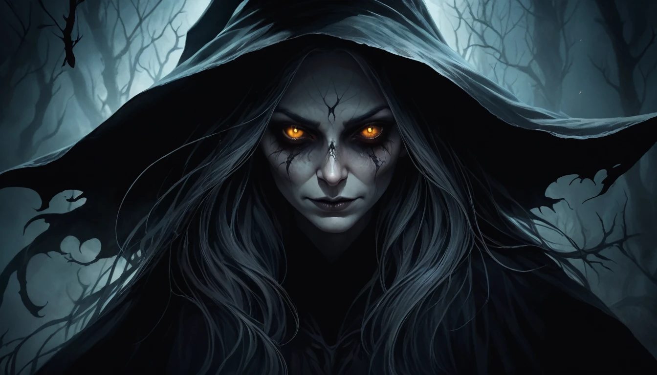 Scary portrait of a witch, his face obscured by ethereal veils, Bright eyes full of sadness and torment, 8k resolution, the mysterious luminescence of its form contrasting with the shadows of the underworld it inhabits