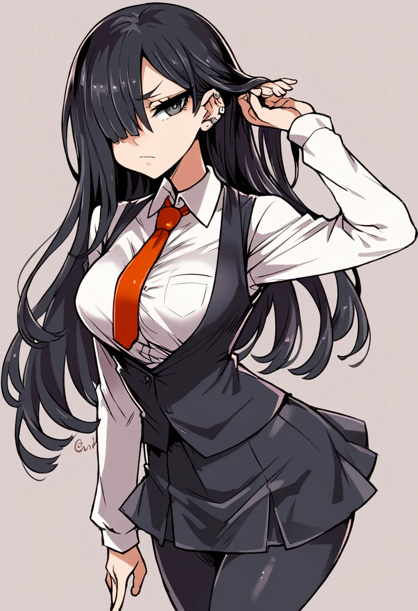 score_9, score_8_up, score_7_up, expressive eyes, perfect face, 1girl, solo, long hair, breasts, looking at viewer, skirt, simple background, shirt, black hair, long sleeves, closed mouth, white shirt, cowboy shot, necktie, collared shirt, hair over one eye, black vest, black pants, frown, piercing, half-closed eyes, red necktie, one eye covered, cleveage, fullbody