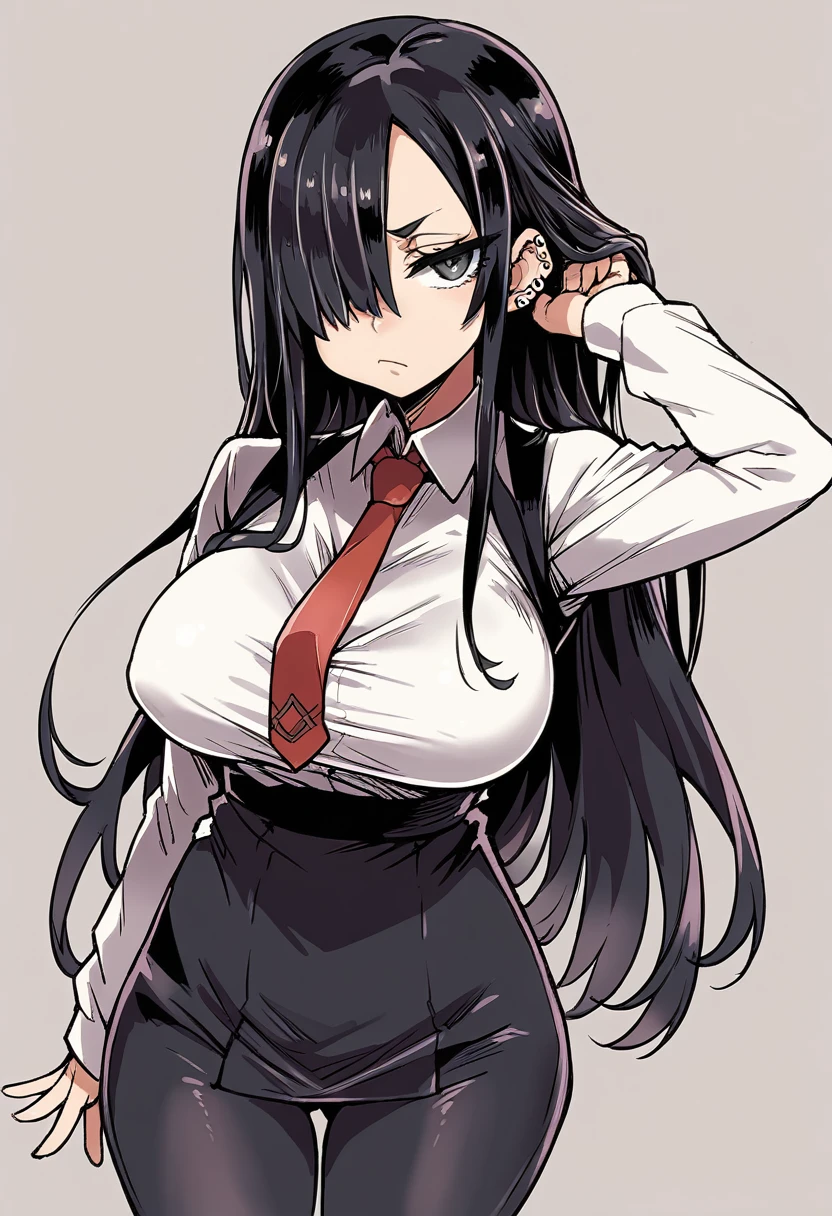 score_9, score_8_up, score_7_up, expressive eyes, perfect face, 1girl, solo, long hair, breasts, looking at viewer, skirt, simple background, shirt, black hair, long sleeves, closed mouth, white shirt, cowboy shot, necktie, collared shirt, hair over one eye, black vest, black pants, frown, piercing, half-closed eyes, red necktie, one eye covered, cleveage, fullbody