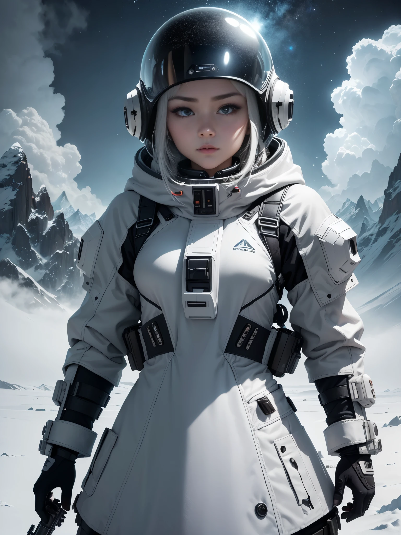 bubble space helmet, holding a future rifle, superpower, electricity, badass, Model shooting style, (Extremely detailed CG Unity 8K wallpaper),cyberpunk characters [Foggy Snow Mountain Landscape，Snow Mountain] Immerse yourself in the beautiful aurora，Living in the clouds of the starry sky，Behind the clouds，（Double contact：1.3），(The transparent and ethereal face of the girl blends into the aurora，Snow Mountain superimposes multiple elements and integrates the picture，photography：Brandon Woelfelmist，surreal dreamscape，Gray vibe，Rainy Day，That&#39;s it，Right of use，HDR，Surrealist art fantasy style，Epic digital fantasy art style，Beautiful sci-fi art, Sci-fi digital art illustration,Sci-fi digital painting, futuristic digital painting, futuristic concept art, Sci-fi Snow Mountain landscape front, Sci-fi digital art, Dreamy transparent ethereal girl portrait,
