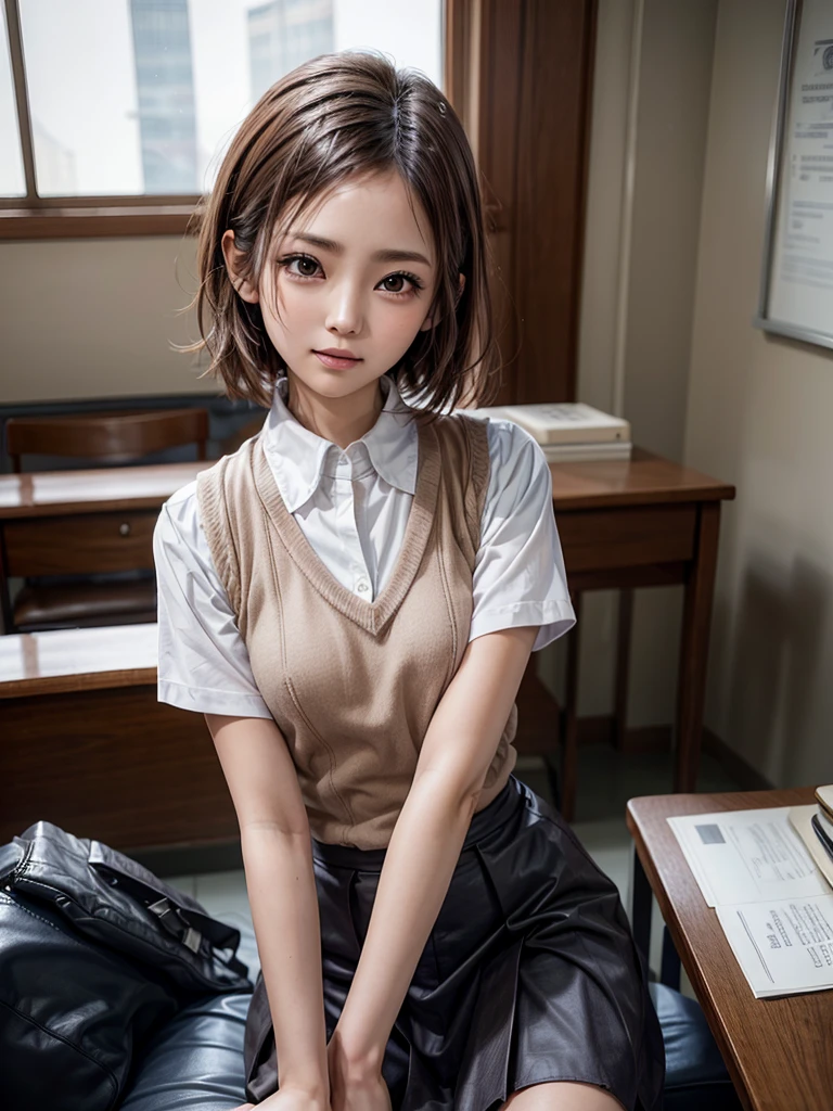 Masterpiece, Top Quality, Top Mikoto, brown eyes, short hair, small breasts, looking at viewer, alone, closed mouth, collared shirt, beige knit vest, dark blue  Skirt, school_uniform, shirt, white_shirt, classroom,Masterpiece, highest quality, 8K, detailed skin texture, fine cloth texture, beautiful detailed face, intricate details, super detailed,cute,cute posing,composition that shows the whole body,