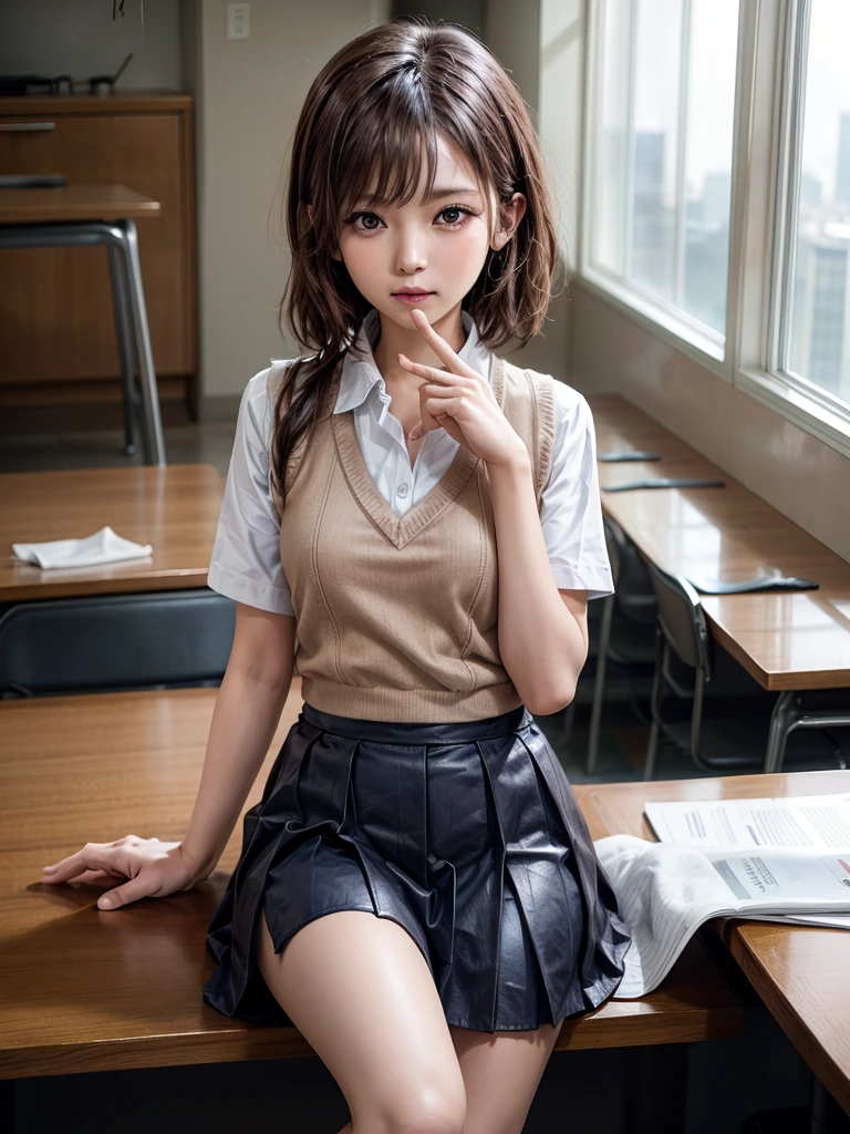 Masterpiece, Top Quality, Top Mikoto, brown eyes, short hair, small breasts, looking at viewer, alone, closed mouth, collared shirt, beige knit vest, dark blue  Skirt, school_uniform, shirt, white_shirt, classroom,Masterpiece, highest quality, 8K, detailed skin texture, fine cloth texture, beautiful detailed face, intricate details, super detailed,cute,cute posing,composition that shows the whole body,