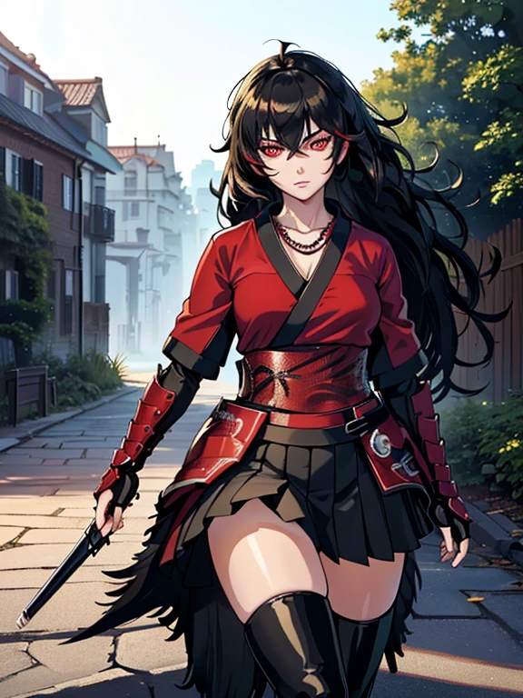 Anime, Girl, (((1girl))), (((Waifu, Raven Branwen, Raven Branwen Waifu))), (((Black Hair, Messy Hair))), ((Crimson Red Eyes eyes: 1.3, Upturned Eyes: 1, Perfect Eyes, Beautiful Detailed Eyes, Gradient eyes: 1, Finely Detailed Beautiful Eyes: 1, Symmetrical Eyes: 1, Big Highlight On Eyes: 1.2)), (((Lustrous Skin: 1.5, Bright Skin: 1.5, Skin Fair, Shiny Skin, Very Shiny Skin, Shiny Body, Plastic Glitter Skin, Exaggerated Shiny Skin, Illuminated Skin))), (Detailed Body, (Detailed Face)), Young, ****ta, (Best Quality), (((Bicep-high Gauntlets, Armored Boots, Thigh-high Heeled Boots, Armored Gauntlets))), (((Battle Kimono))), (((Skirt))), High Resolution, Sharp Focus, Ultra Detailed, Extremely Detailed, Extremely High Quality Artwork, (Realistic, Photorealistic: 1.37), 8k_Wallpaper, (Extremely Detailed CG 8k), (Very Fine 8K CG), ((Hyper Super Ultra Detailed Perfect Piece)), (((Flawless masterpiece))), Illustration, Vibrant Colors, (Intricate), High Contrast, Selective Lighting, Double Exposure, HDR (High Dynamic Range), Post-processing, Background Blur