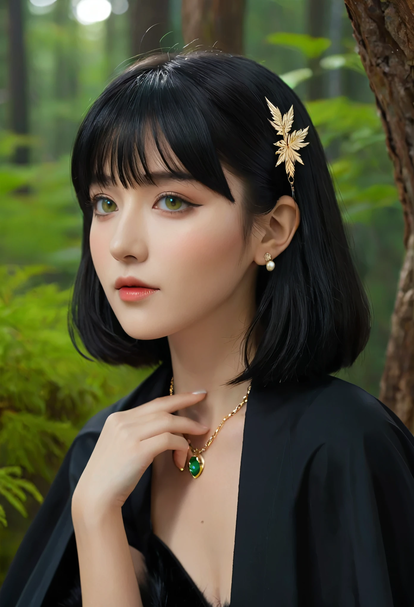 mj3d style,3dmm,3d,(masterpiece, Highest quality:1.1), Ghibli style, One girl, Bracelet, bangs, Black Hair, black undershirt, chest, Cape, Circlet, Earrings, Face Paint, Floating Hair, forest, fur Cape, Green Eyes, jewelry, View your viewers, medium chest, nature, necklace, Outdoor, parted bangs, shirt, short hair, No sleeve, No sleeve shirt, alone, tooth necklace, wood, Upper Body, white shirt