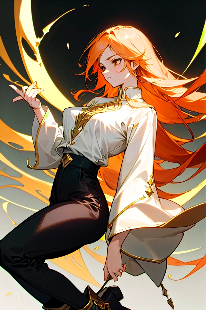 Estilo Arcane (league of Legends), a woman wearing black pants and gold details with high boots, a white shirt with long, wide sleeves and slightly wavy light pastel orange hair with brown eyes. sonríendo levemente.