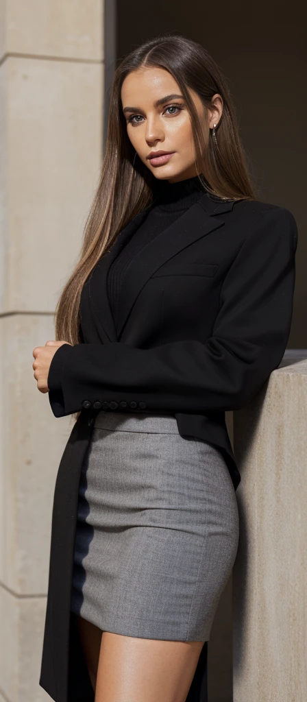 A realistic photo of beautiful italian business woman with professionnal black skirt suit, light makeup, long straight dark blonde hair, high quality, very detailed, perfect fit, looking at the camera