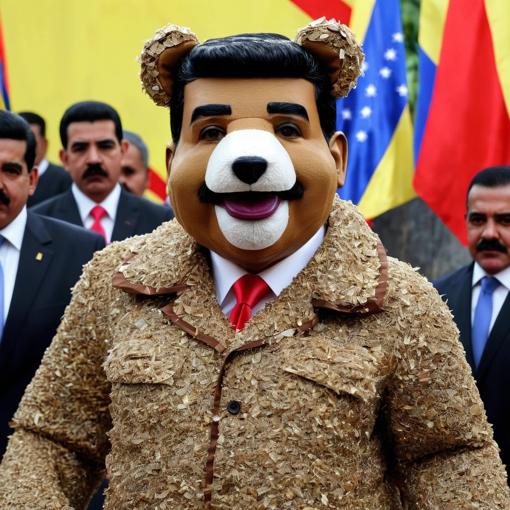 Nicolas Maduro wearing a poorly made teddy bear mascot costume made of recycled materials