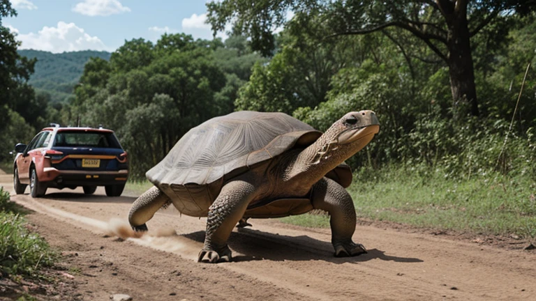 The tortoise nearing the finish line, with cheering forest animals in the background.