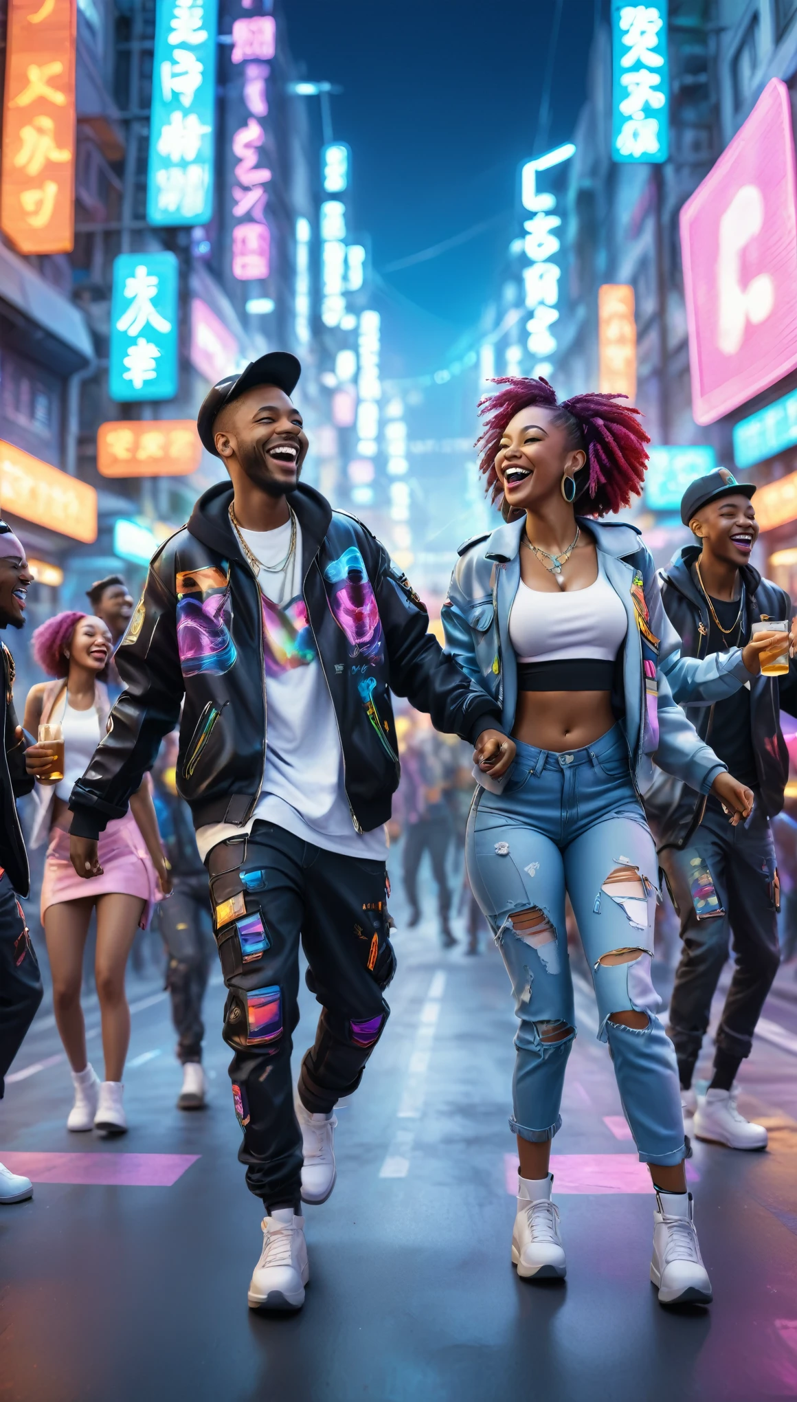 adult BLACK people dressed in urban clothes, In an urban landscape and holographic signs、HAPPY DANCING on the road. are drinking and laughing, The background is modern and cyberpunk, high tech vibe. Lovely Digital Painting, 3D rendering, Bright lighting, swirly vibrant colors. adult people, BEAUTIFUL black people