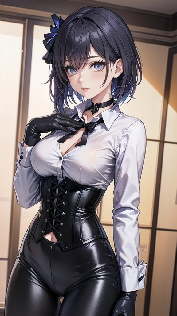 Masterpiece, Beautiful art, professional artist, 8k, Very detailed face, Detailed clothing, detailed fabric, 1 girl, Soul Fullness \(Honkai Impact 3rd\), front view, standing, big breasts, perfectly drawn body, shy expression, pale skin, beautiful face, short dark blue hair, 4k eyes, very detailed eyes, pink cheeks, choker:1.6, (white long sleeve button down shirt with white collar), black gloves, gloves that cover hands, (black leather corset), (shiny black leggings), Sensual Lips , winter night, show details in the eyes, looking at the viewer, elegant room, at night