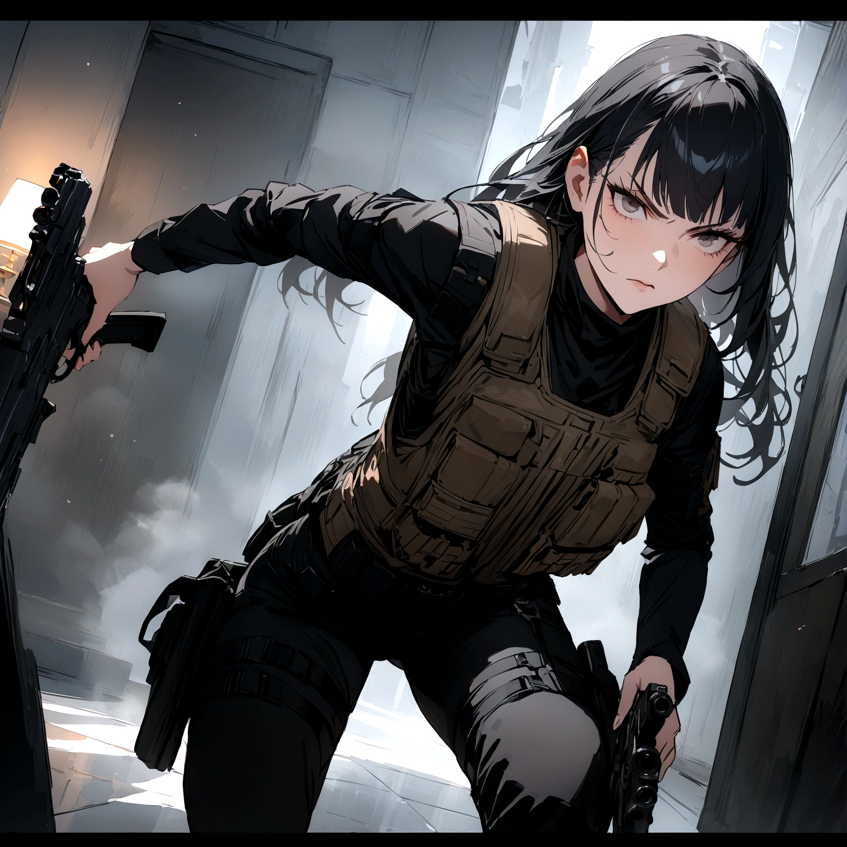 woman with a black outfit and tactical vest, serious face, 4k, (black hair with silver bangs),solo , assassin women, firearms, (8k, best quality, masterpiece: 1.2), ultra-detailed, dynamic, hotel hall, action, foggy