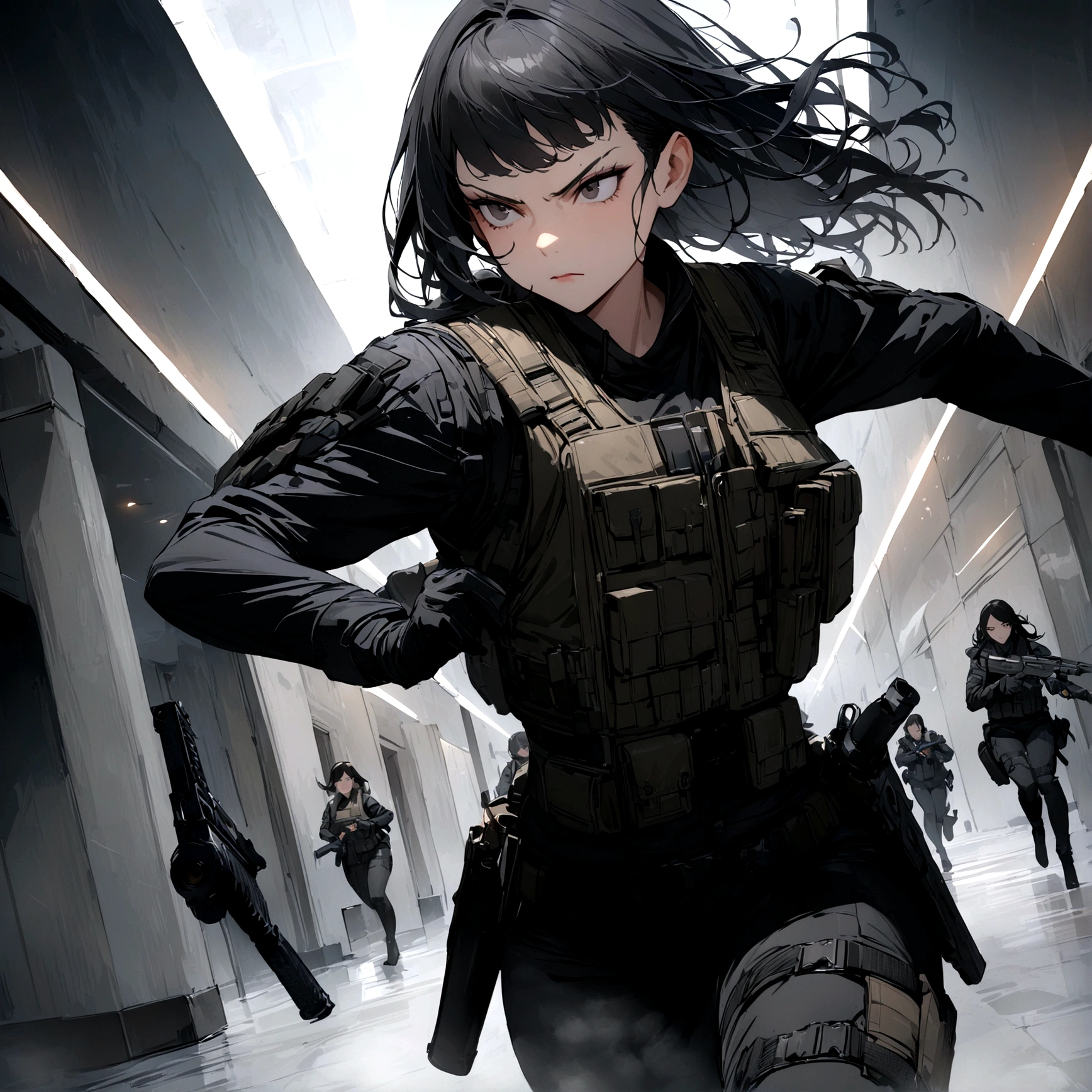 woman with a black outfit and tactical vest, serious face, 4k, (black hair with silver bangs),solo , assassin women, firearms, (8k, best quality, masterpiece: 1.2), ultra-detailed, dynamic, hotel hall, action, foggy