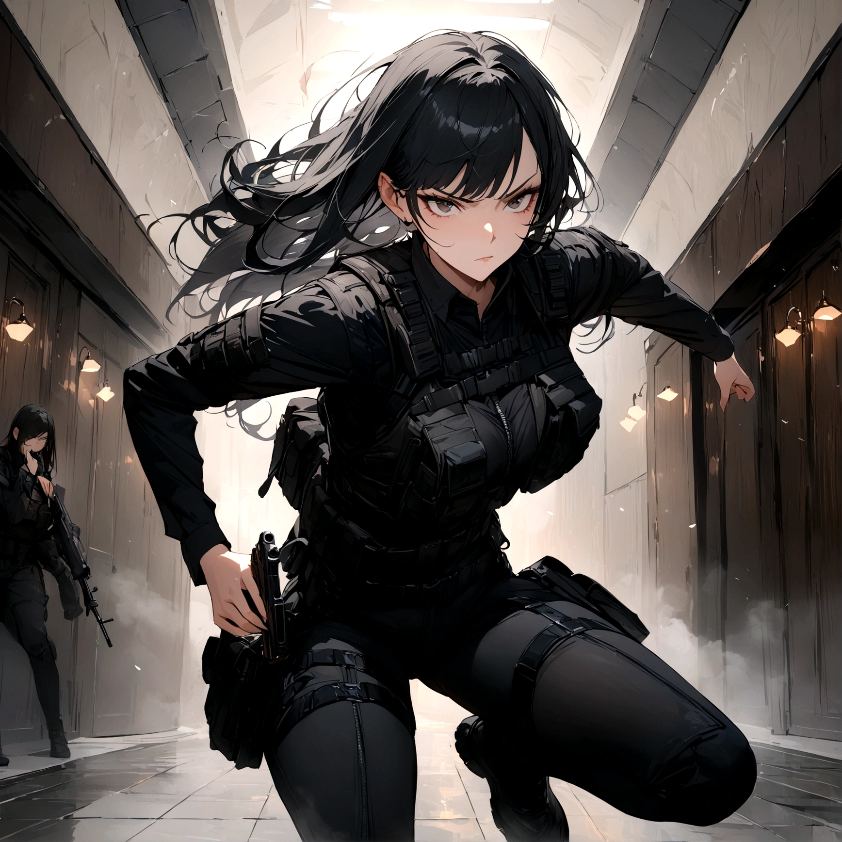 woman with a black outfit and tactical vest, serious face, 4k, (black hair with silver bangs),solo , assassin women, firearms, (8k, best quality, masterpiece: 1.2), ultra-detailed, dynamic, hotel hall, action, foggy