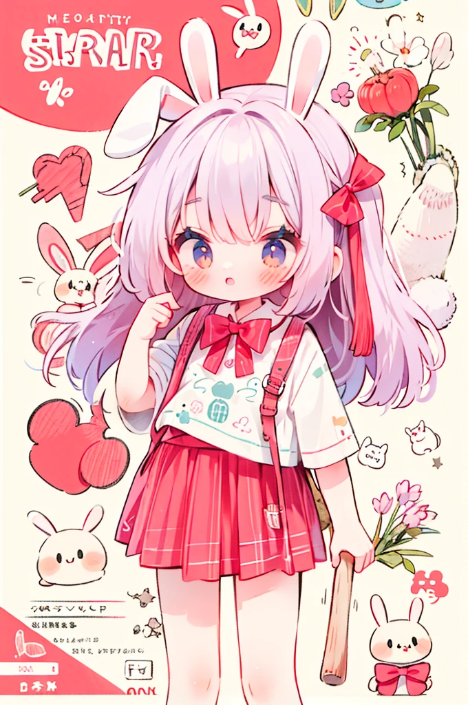 1girl, red bow, rabbit ears, rabbit girl, solo, bunny ears, bunny tail, cute, solo, cartoon