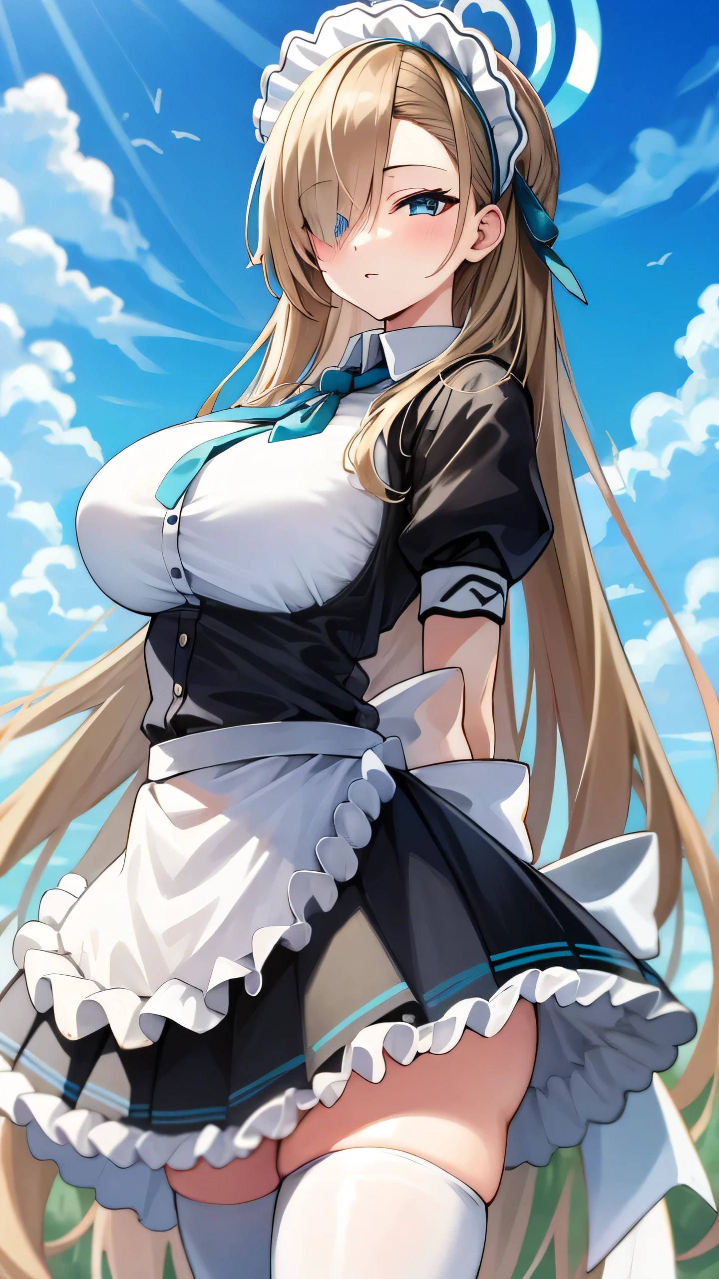 (highres), (absurdres), (best quality), (high quality), (masterpiece), 1girl, asuna, blue eyes, long hair, halo, hair over one eye, very long hair, light brown hair, (large breasts:1.4), hair ribbon, maid, maid headdress, apron, frills, frilled apron, puffy sleeves, short sleeves, white gloves, white thighhighs, arms behind back, looking at viewer, outdoors
