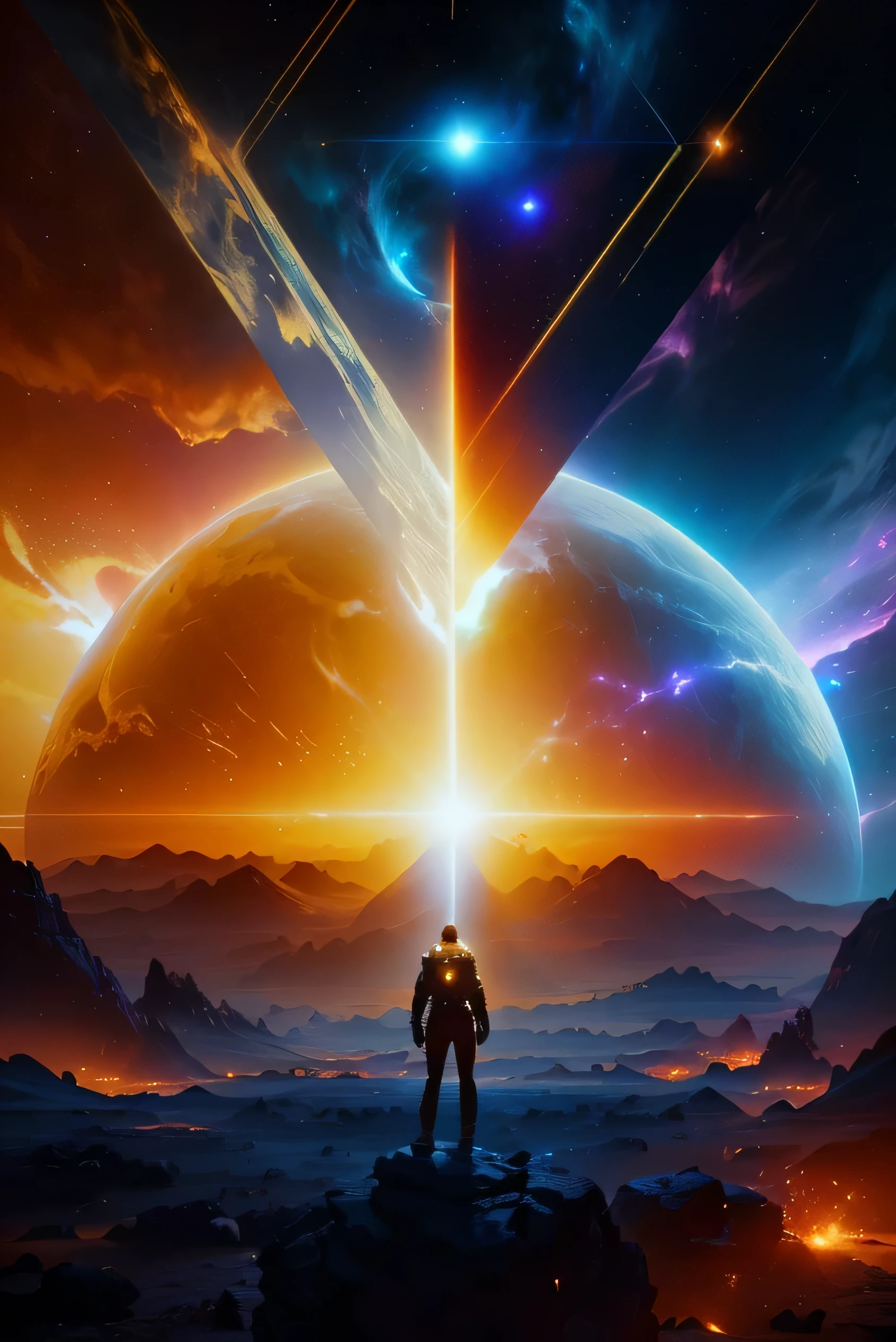 arafed image of a man standing on a rock in front of a planet, from a 2 0 1 9 sci fi 8 k movie, sci fi epic digital art, sci-fi cinematic movie still, cinematic beeple, sci-fi digital art illustration, key art, sci-fi digital art, cosmic atmosphere light flares, 8k hd wallpaper digital art