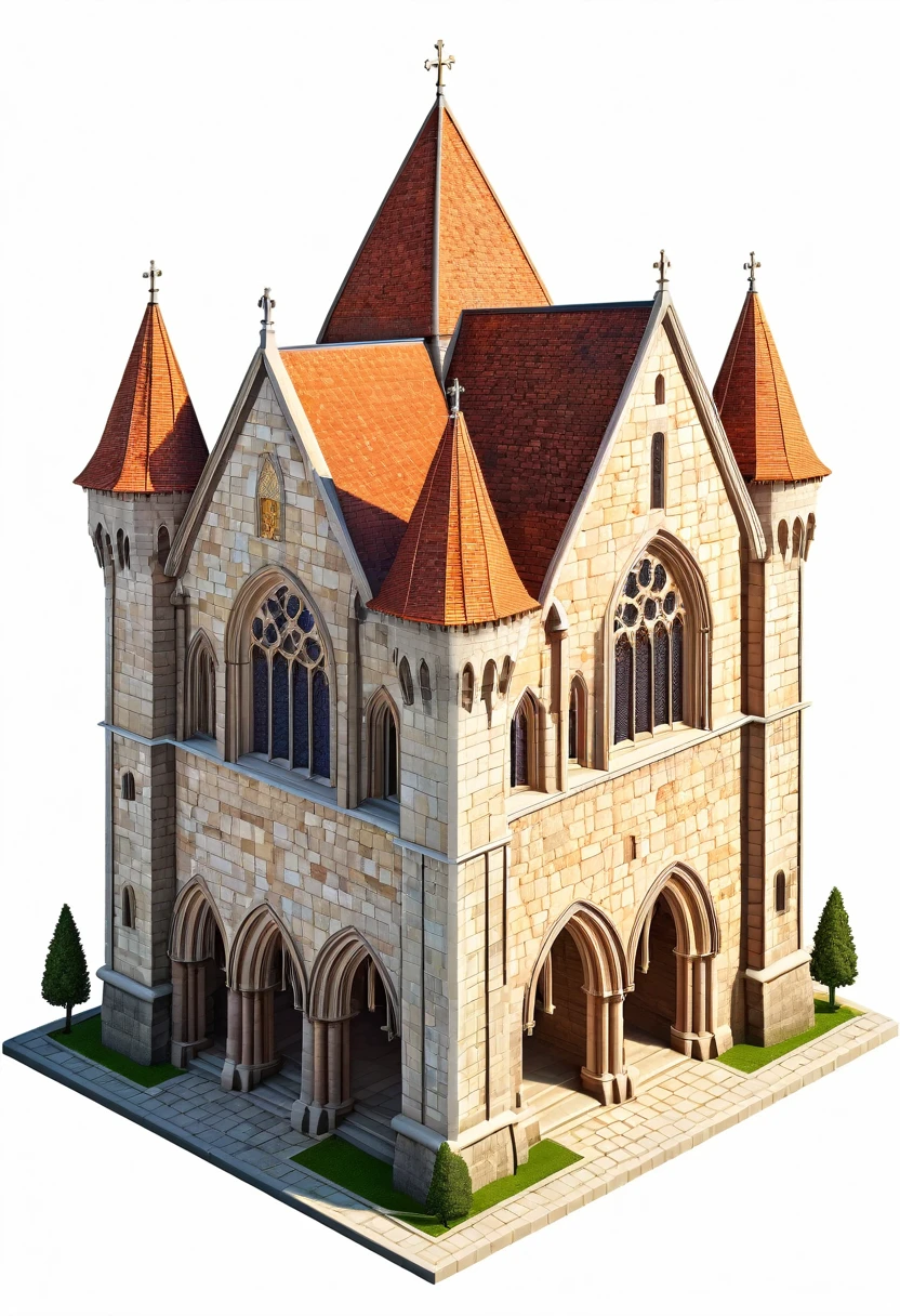 a Gothic stone building from the early 14th century, between 1325 and 1330, ordered to be built by Count D. PedroHighly detailed cleaning, imagem vectorial, photorealistic masterpiece, professional photograpy, plain white background, isometric, Vibrant, vector
