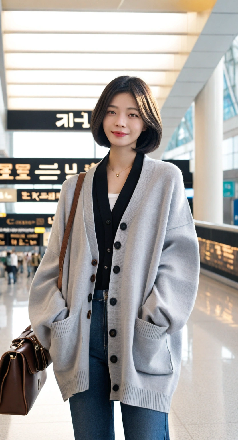 아름다운 한국 여자 , 32 인치 가슴 사이즈, 눈이 크고 예쁘네요. 키가 작다. Standing in the departure hall of the airport. . 짧은 중간 머리, Standing in the departure hall of Incheon Airport. He wore a white T-shirt, a luxury brand cardigan, jeans, a short stature, and a cardigan neatly.. 웃다, 짧은 중간 머리, 작은 키, Full body shot with Canon camera 16-35 wide angle lens, UHD