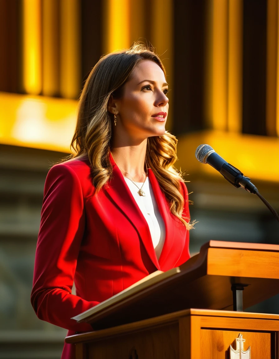((woman)), (30 year old), (long hair), (wearing reddish suit), (speech at a lectern), (bible on the pulpit), (modern protestant church background), (golden hour light), (photo realism), (hyper detailed), diffuse lighting, (((front view))), (long shot in Nikon D850 DSLR), ((200mm f/1. 8 lens)), (Slightly blurred background with bokeh effect)